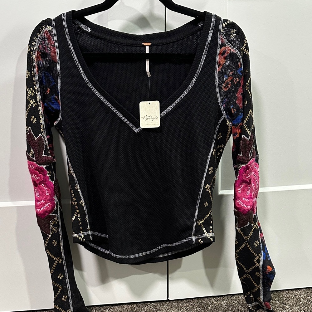 Free People Floral embroidered sheer Sleeve Black Top-small